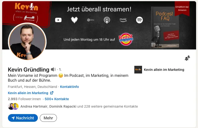 Beispiel eines LinkedIn Profils mit Profilbild - Personal Branding - Kevin Gründling