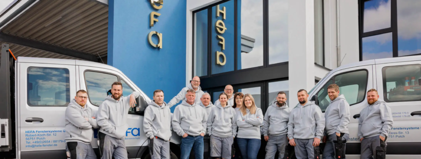 Gruppenfoto des Teams von Hefa Fenster Türen Markisen in Polch vor der Firmenzentrale.