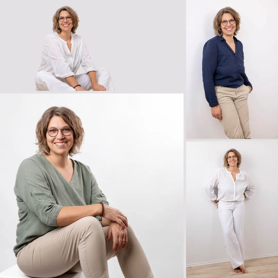 Collage von Personal Branding Fotos einer Frau in verschiedenen Outfits und entspannten Posen vor einem weißen Hintergrund. Die Fotos zeigen sie freundlich lächelnd, in lässiger Kleidung, ideal für Business- und Personal Branding Aufnahmen, die Authentizität und Professionalität ausstrahlen.