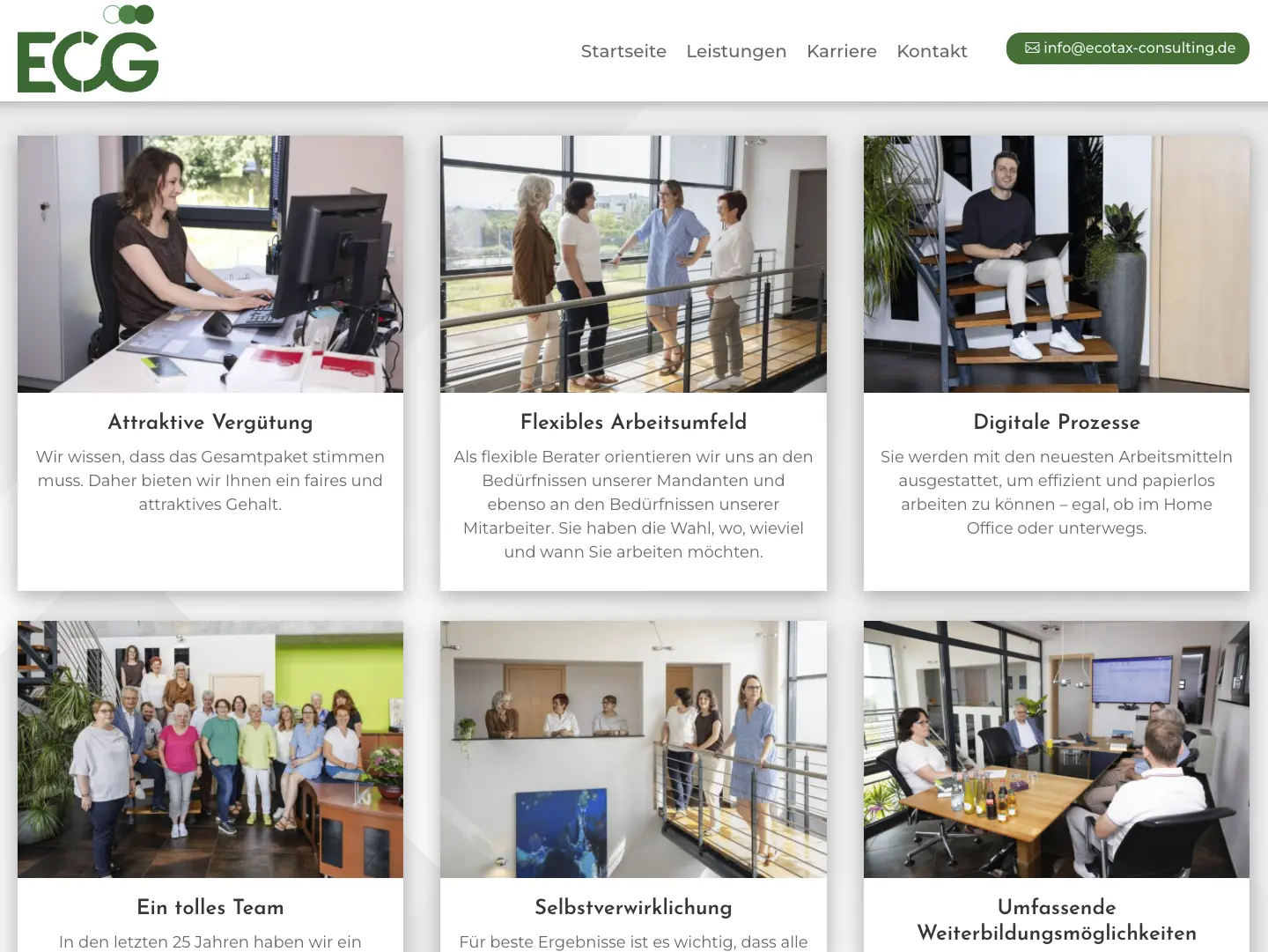 Authentic Brand Fotografie - zeigt einen Ausschnitt der Karriereseite der Firma Ecotax Consulting GmbH - zu sehen sind die Mitarbeiter am Arbeitsplatz, in Meetings und ein Teamfoto, die die Werte des Unternehmens widerspiegeln.
