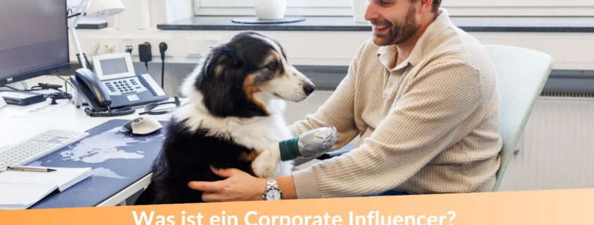 Was ist ein Corporate Influencer und warum sind visuelle Inhalte so wichtig? - Employerbranding Fotografie Hier Corporate Influencer bei Schuth Haustechnik am Schreibtisch mit seinem Hund.