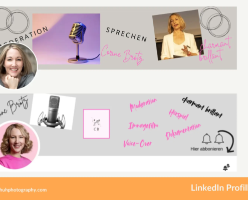 Vorher-Nachher-Vergleich eines LinkedIn-Profilbilds: links ein altes, neutrales Bild – rechts ein professionelles Personal Branding Portrait mit klarer Bildsprache.