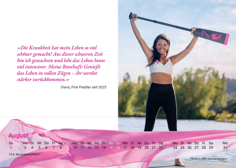 Auszug aus dem Kalender 2026 der Pink Paddler Koblenz - Diana mit dem Paddel nach oben und Zitat